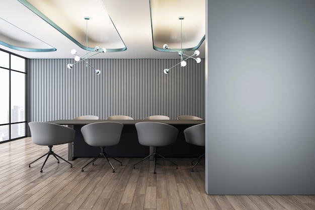 Front view on blank dark grey wall with space for advertising\
poster in conference room with meeting table and chairs on wooden\
table and city view from window background 3d rendering mockup