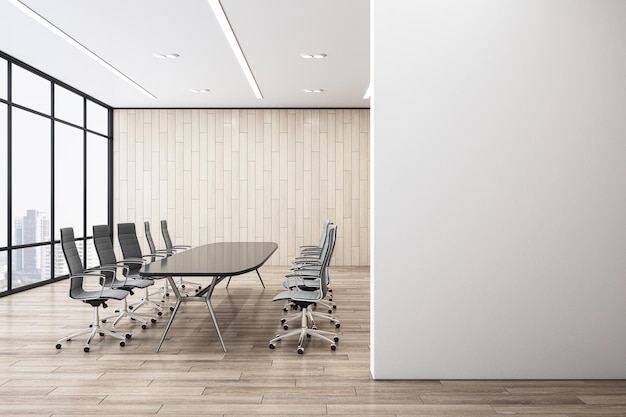 Front view on blank light grey wall with space for advertising\
poster in in spacious meeting room with glass conference table and\
wooden wall background 3d rendering mockup