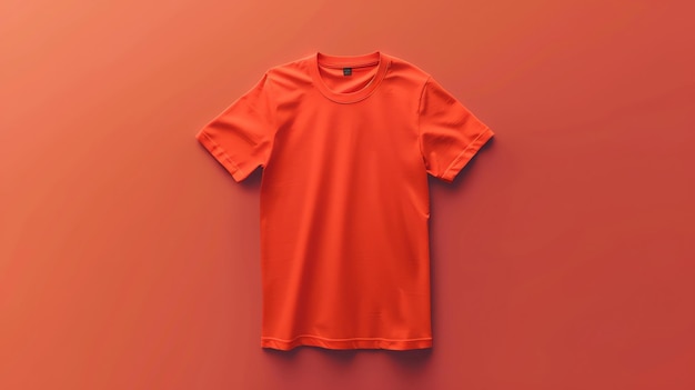 단단한 오렌지색 배경에 매달린 빈 오렌지 색의 티셔츠의 앞면 뷰 셔츠는 부드러운 가운 면으로 만들어져 있으며 편안하게 맞습니다.
