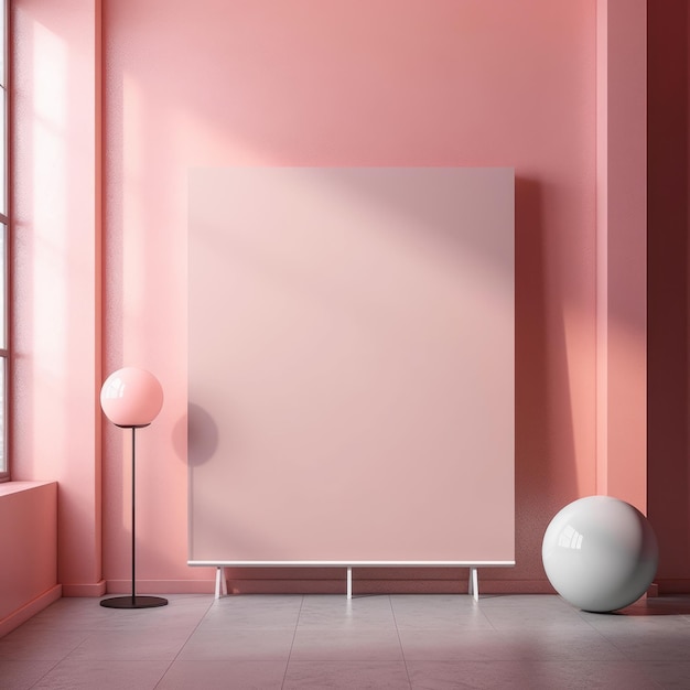 Front view blank pink poster on light wall in modern gallery interior mockup Generative AI