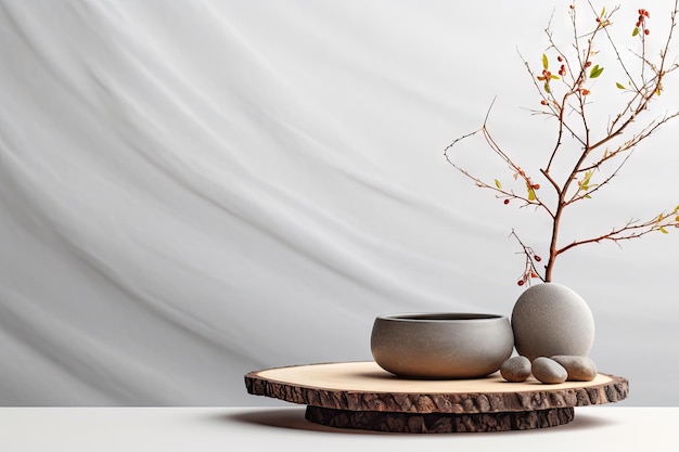 Front view of a blank podium made of grey natural stones on a white background that serves as a plat