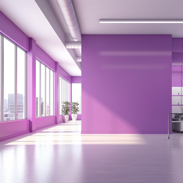 Front view of blank purple wall in office interior Mock up