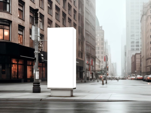 Front view of blank white advertising banner on city streets background at daytime mock up Generative AI