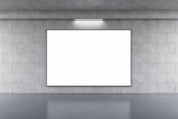 Front view on blank white billboard in black frame with place\
for your text or logo on grey concrete wall background in\
underground crossing with glossy floor 3d rendering mockup