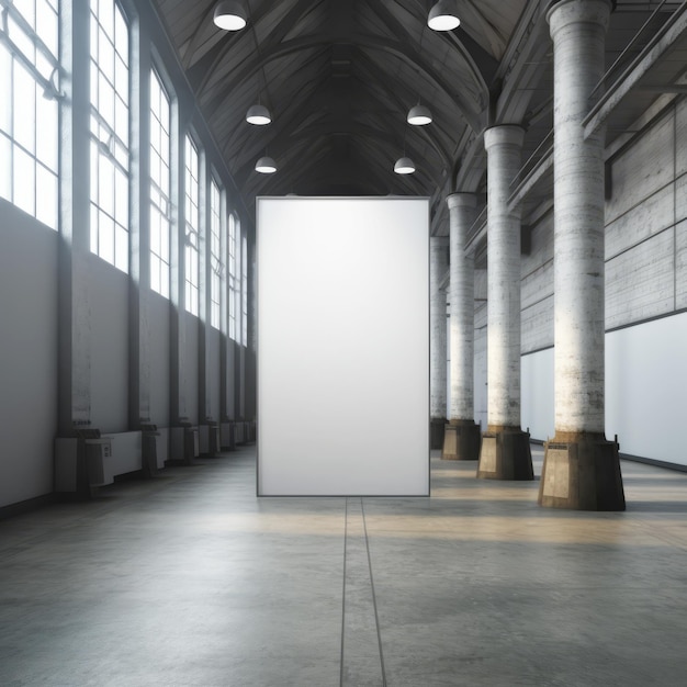 Front view blank white billboard standing on concrete floor in spacious modern loft gallery interior mockup Generative AI