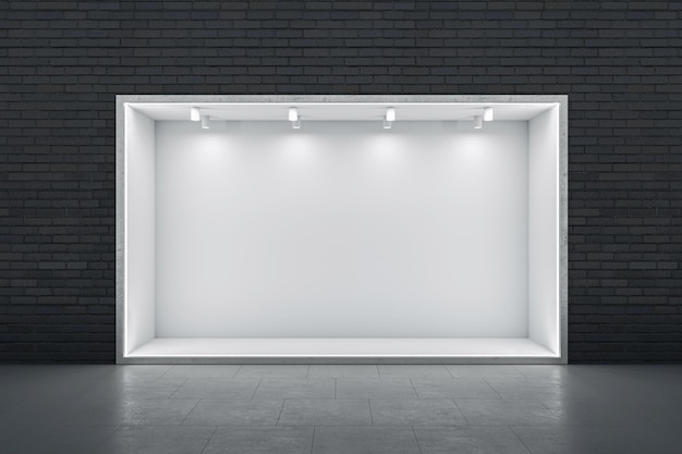 Photo front view on blank white illuminated niche with place for car or product presentation in abstract empty hall with dark brick wall background and glossy floor 3d rendering mock up