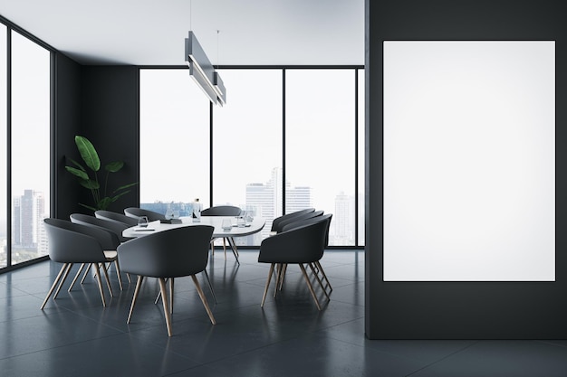 Front view on blank white poster on black wall in stylish
sunlit meeting room with modern dark furniture and city view
through panoramic windows on background 3d rendering mock up