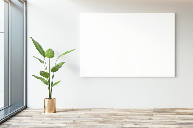 Front view of blank white poster on light wall in a modern office corridor interior 3D Rendering mockup