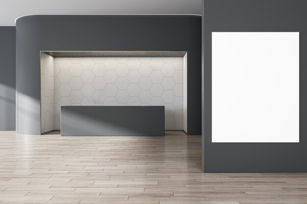 Front view on blank white poster with blank place on dark wall\
in spacious abstract hall with stylish empty reception desk\
polygonal print light wall background and wooden floor 3d rendering\
mockup