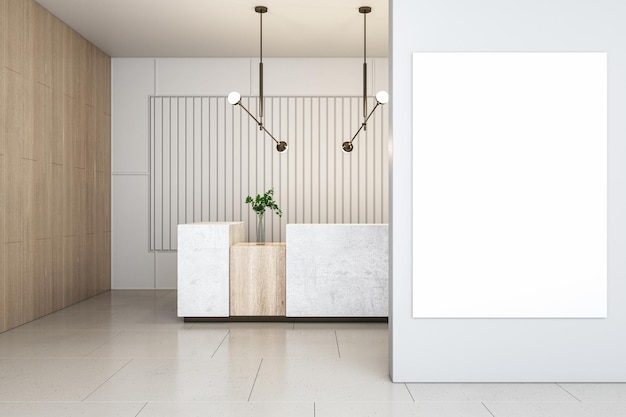 Front view on blank white poster with empty space on light grey wall background in sunlit stylish reception area with marble desk modern lamps on ceiling and wooden wall 3D rendering mock up