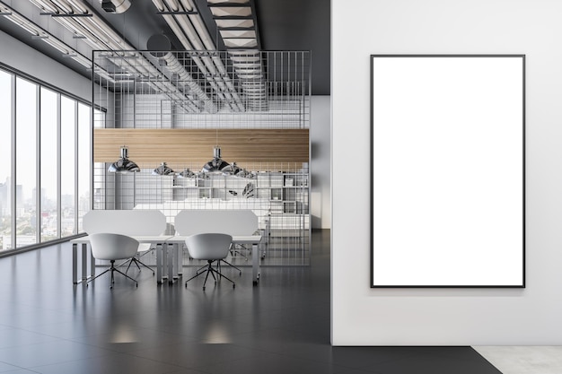 Front view on blank white poster with empty space on light grey wall in loft style coworking office with dark floor lattice partitions and minimalistic white workspaces 3D rendering mock up