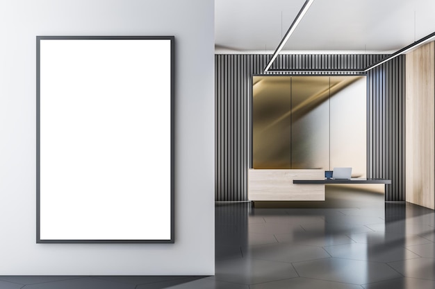 Вид спереди на пустой белый плакат с местом для вашего логотипа или текста на светло-серой стене в освещенном солнцем просторном офисе на современном темном фоне стойки регистрации 3D-рендеринг макет