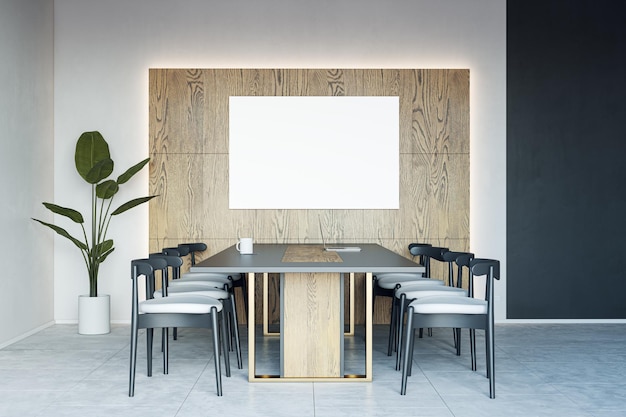 Front view on blank white screen on wooden wall background in\
sunlit eco interior design meeting room with modern laptop on dark\
conference table and concrete floor 3d rendering mock up