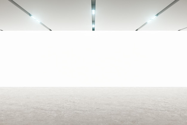 콘크리트 바닥이 있는 현대적인 빈 홀 룸의 빈 흰색 벽 스크린의 전면 보기 및 상단 Mockup 3D 렌더링의 LED 조명