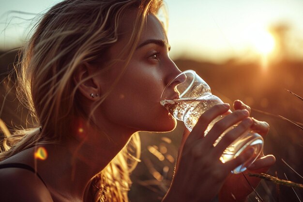 Photo front view of blonde woman drinking water