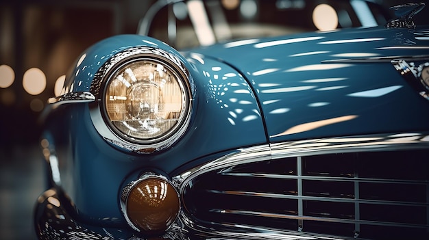 Foto vista frontale di un'auto retrò di lusso blu faro per auto blu della vecchia scuola