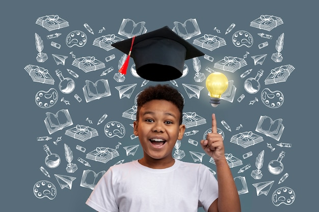 Front view boy portrait with graduation background