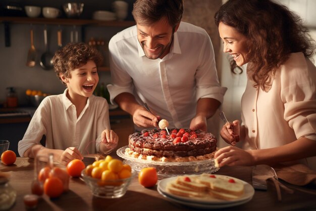 Foto vista anteriore di una famiglia brasiliana che cucina deliziosi dessert