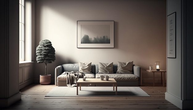 Вид спереди на яркий бежевый интерьер гостиной с диваном, журнальным столиком и картинкой Генеративный AI