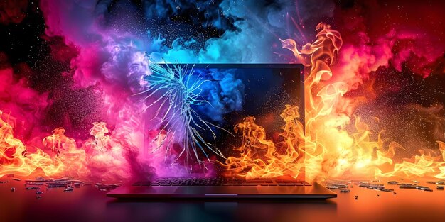壊れたコンピュータのフロントビュー平らな背景で画面が爆発するコンセプト損傷したテクノロジー爆発するディスプレイコンピュータの災害テクノロジーの故障壊れた画面