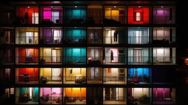 Front view of building facade with colorful windows at night Generative AI