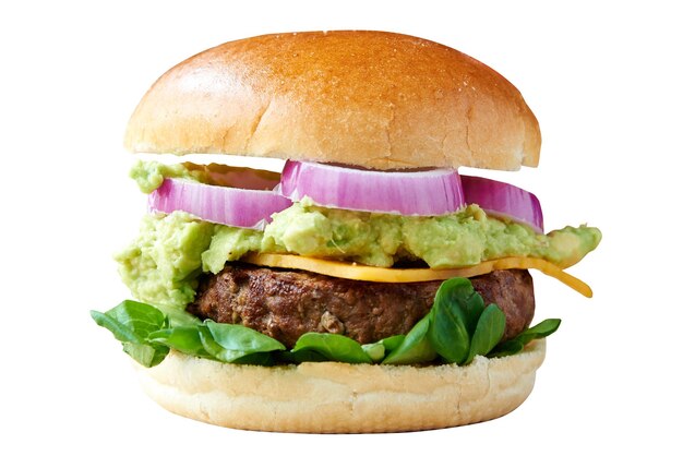 Front view of burger with Beef and guacamol. Isolated on white with clipping path