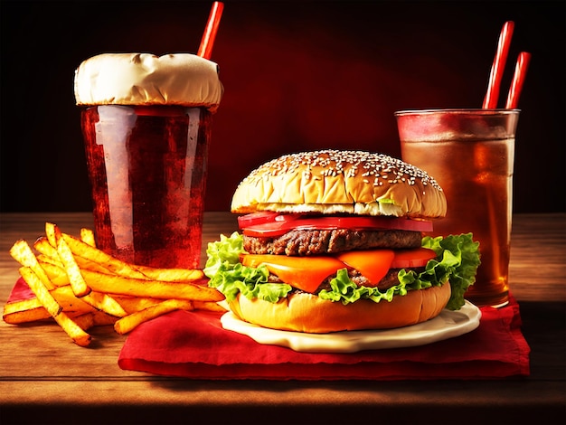 front view burger with french fries and cold drink