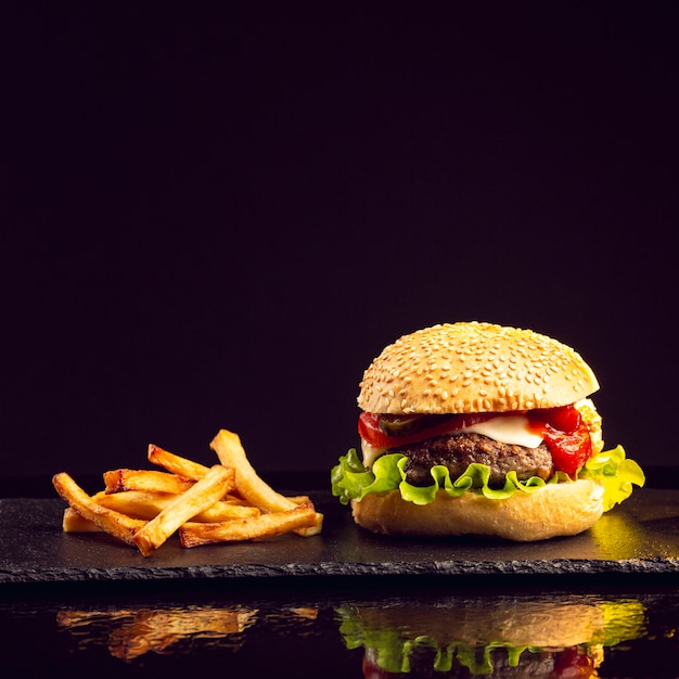 Front view burger with french fries