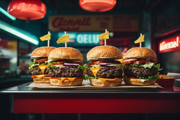 front view burgers on a stand