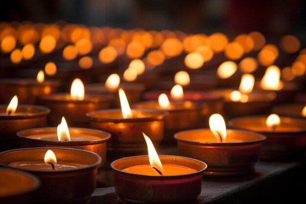 Front view of burning candles on a dark surface