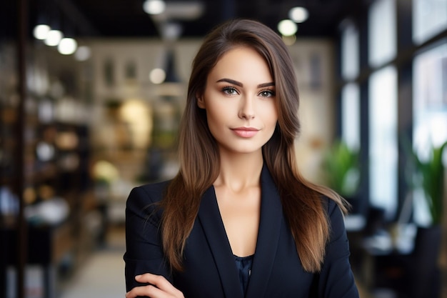 Photo front view of businesswoman holding notebook and pen looking at camera