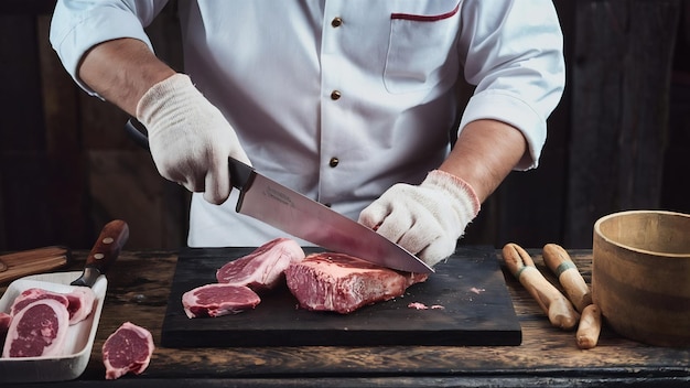 Front view of butcher cutting meat in white gloves holding big knife on the wooden desk