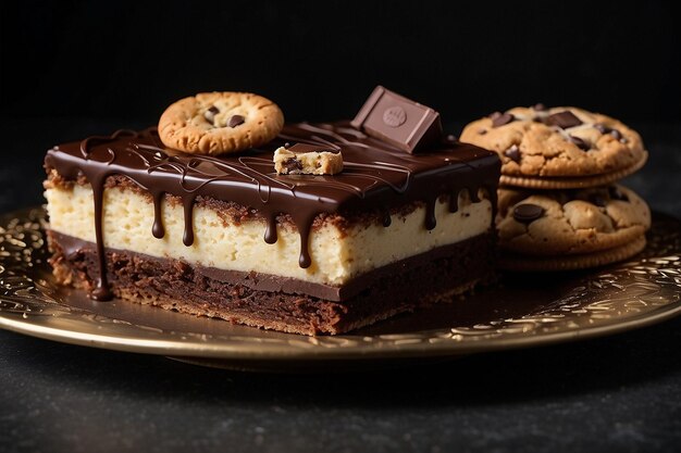 Фото Передний вид кусочков торта с шоколадом и печеньем на темном фоне