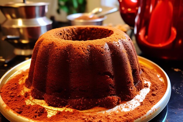 Foto vista anteriore di una torta con la polvere di cacao setacciata sopra