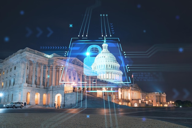 Front view capitol dome building at night washington dc usa\
illuminated home of congress and capitol hill the concept of cyber\
security to protect confidential information padlock hologram