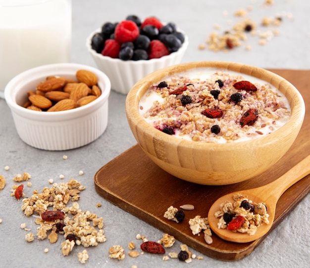 Front view cereals in wooden bowl