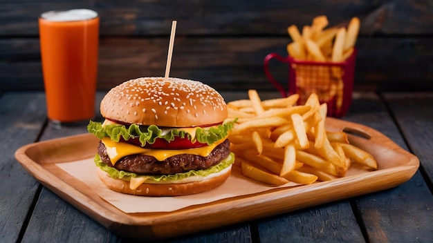 Front view cheeseburger and fries on wooden tray with copy space