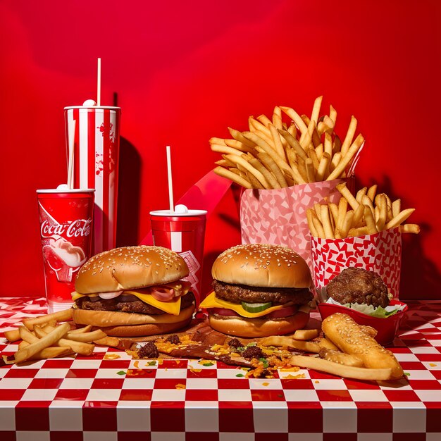 チーズバーガーとフライドポテトと飲み物のフロントビュー