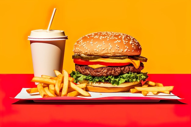 Foto vista anteriore di un cheeseburger con patatine fritte sul tavolo generativo ai