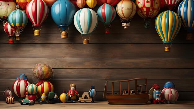 front view of children39s day background with balloon and doll ornaments