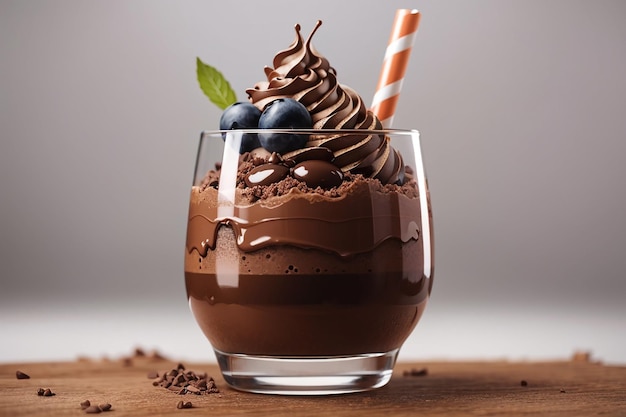 front view of chocolate dessert in glass with straw