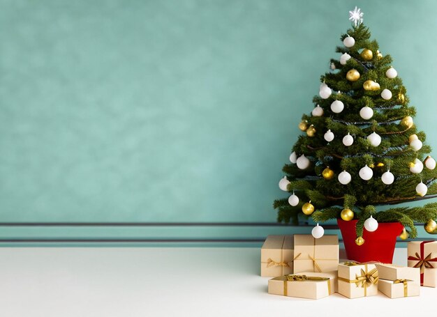 Вид спереди на рождественскую елку и пространство для копирования подарков