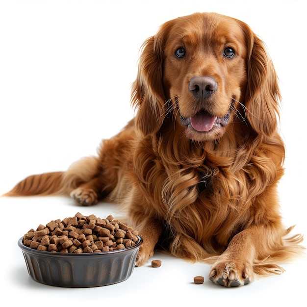 Photo front view of cocker spaneial dog with a bowl of food isolated on white background