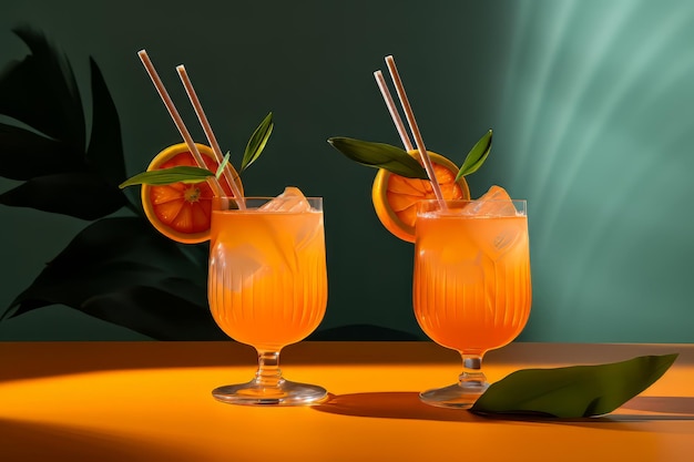 Front view of cocktails with straws and orange