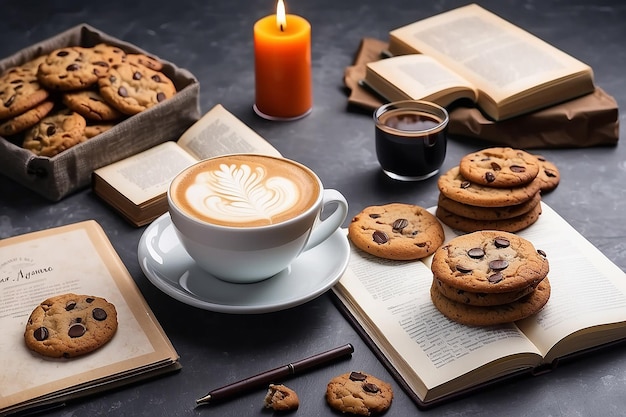 Photo front view coffee cup of cappuccino with cookies and a book on the table