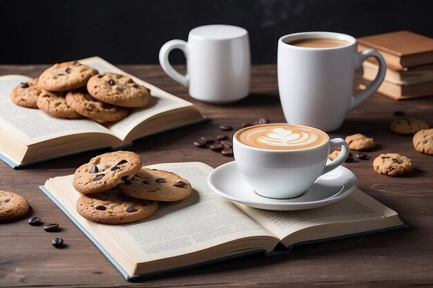 カプチーノのフロントビューカップクッキーとテーブル上の本