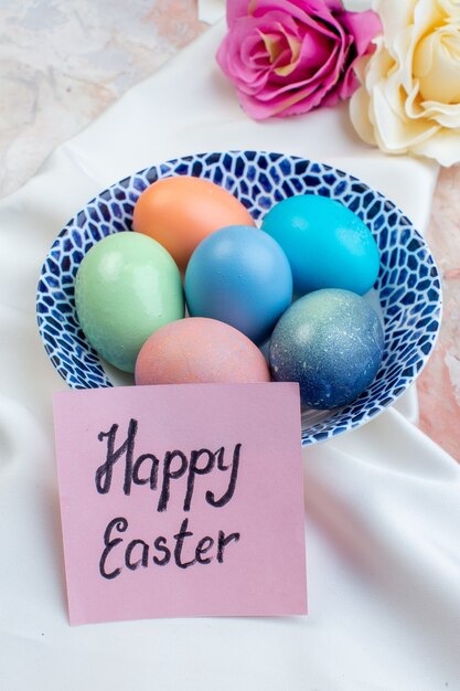 front view colored easter eggs inside elegant plate on light background concept horizontal ornate colourful holiday spring