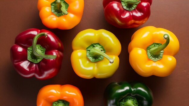 Front view colorful bell peppers with peppers on the brown desk vegetable color