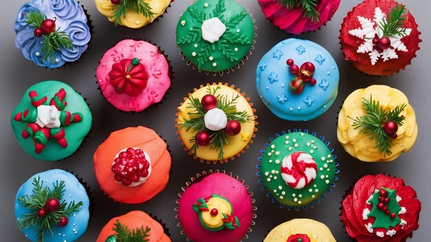 Foto vista anteriore cupcake colorati ornamenti di natale su sfondo grigio isolato