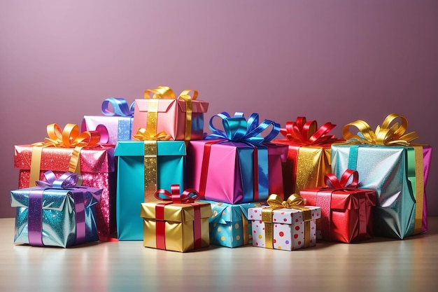 Photo front view of colorful presents with copy space